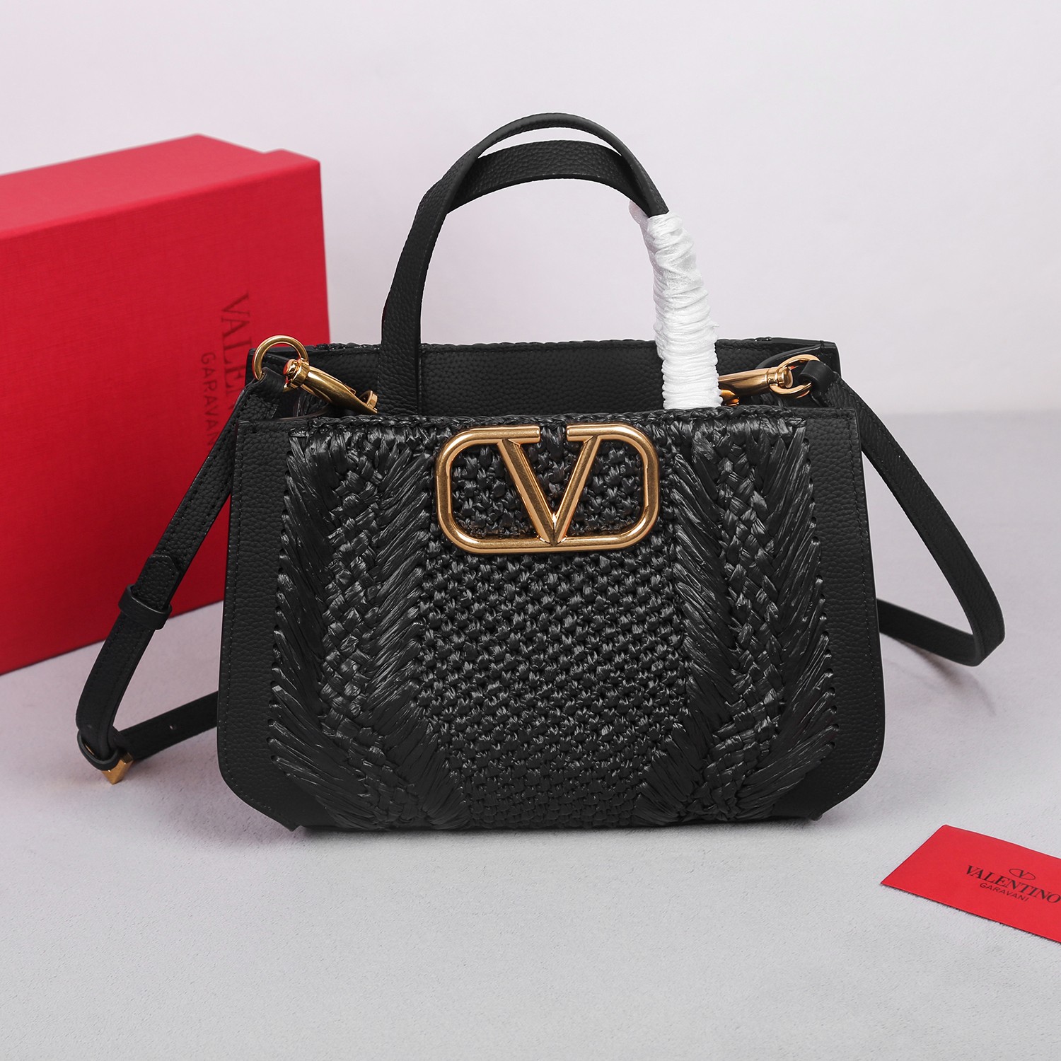 Bagsaaa Va1e*ntin0 Garavani Medium Straw Black Tote - 27x11x18cm