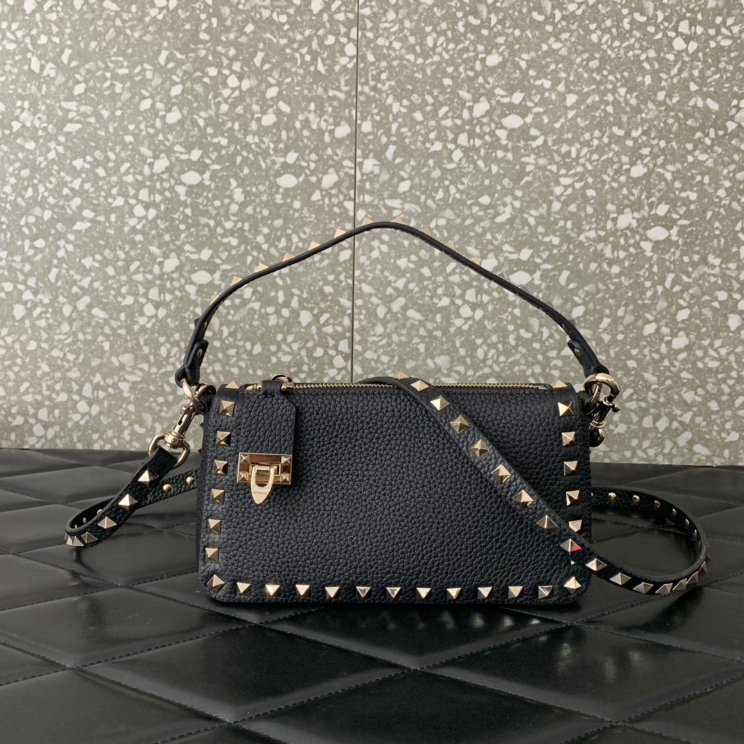 Bagsaaa Va1e*ntin0 Garavani Small Rockstud Grainy Calfskin Crossbody Bag Black - 19x13x7cm