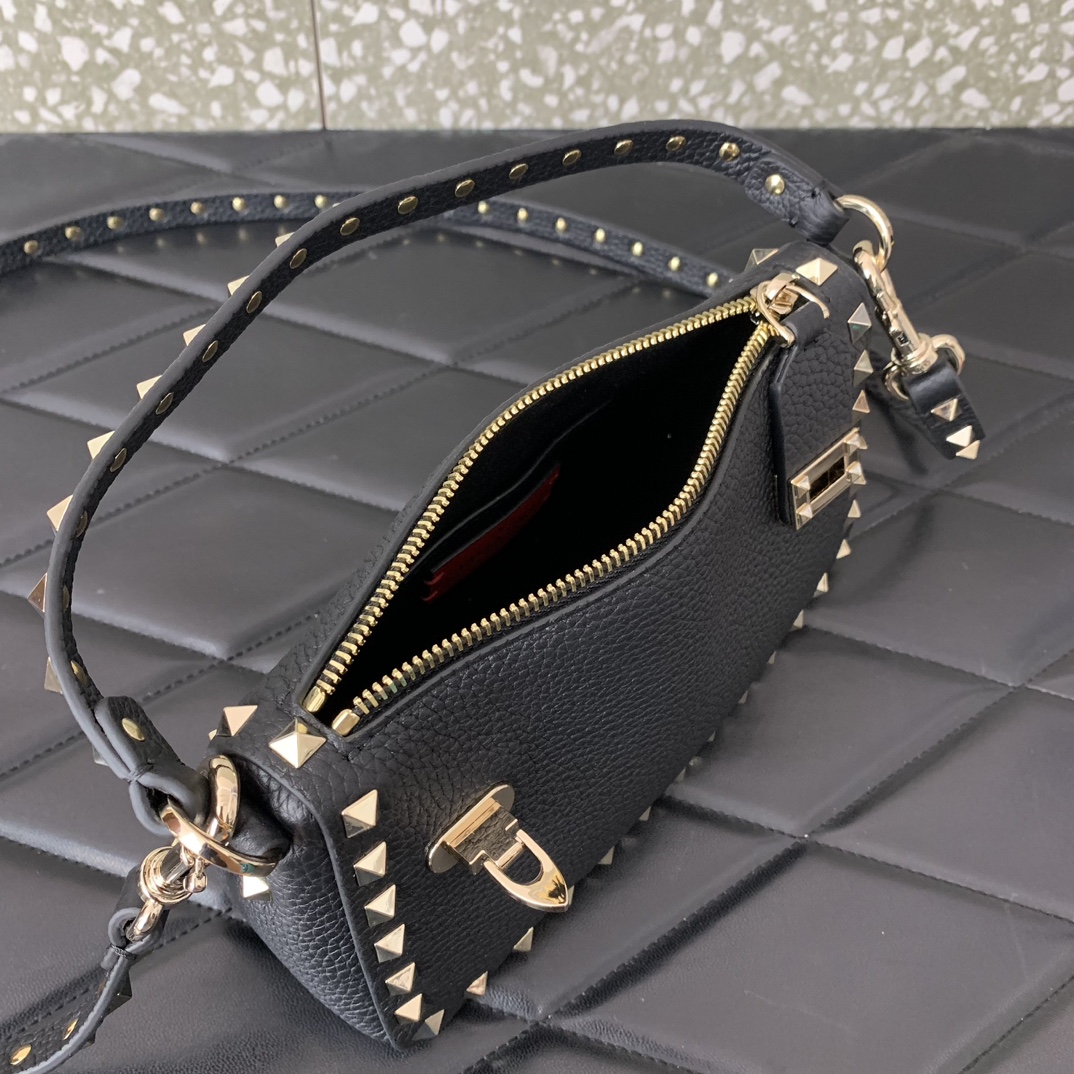 Bagsaaa Va1e*ntin0 Garavani Small Rockstud Grainy Calfskin Crossbody Bag Black - 19x13x7cm