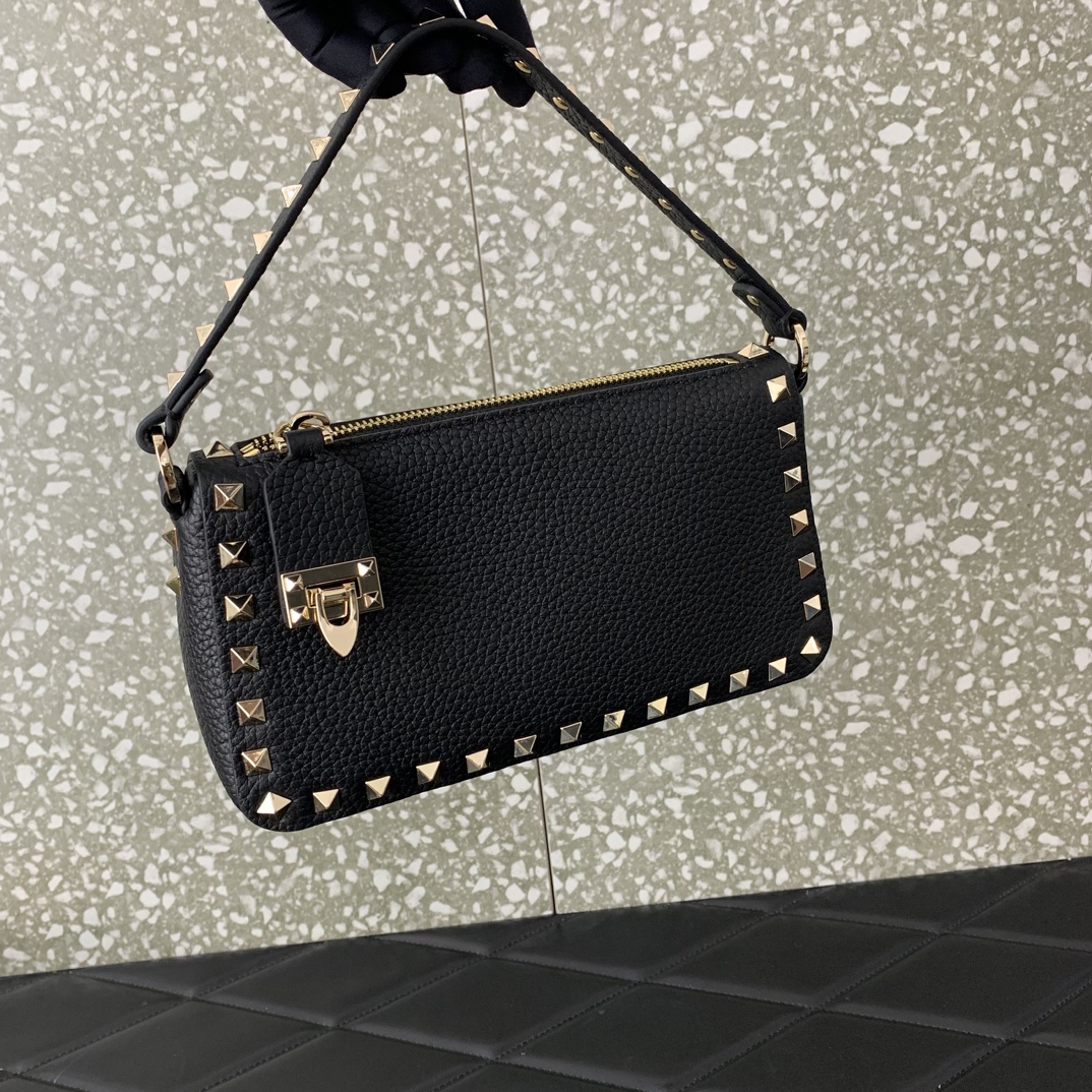 Bagsaaa Va1e*ntin0 Garavani Small Rockstud Grainy Calfskin Crossbody Bag Black - 19x13x7cm