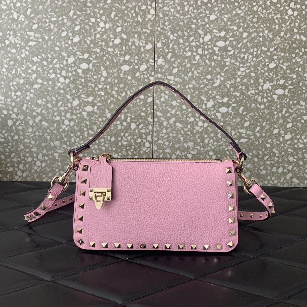 Bagsaaa Va1e*ntin0 Garavani Small Rockstud Grainy Calfskin Crossbody Bag Pink - 19x13x7cm