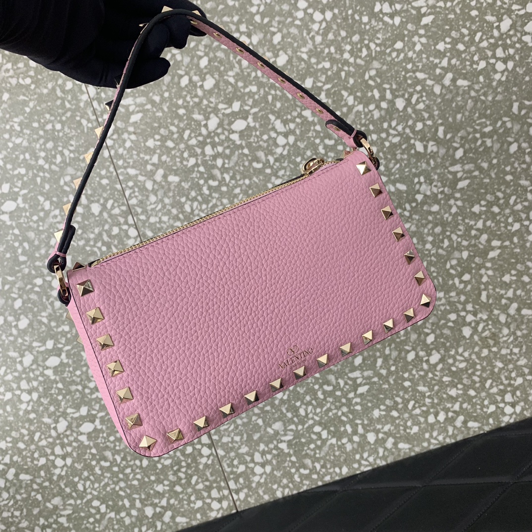 Bagsaaa Va1e*ntin0 Garavani Small Rockstud Grainy Calfskin Crossbody Bag Pink - 19x13x7cm