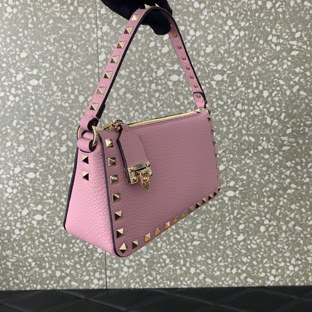 Bagsaaa Va1e*ntin0 Garavani Small Rockstud Grainy Calfskin Crossbody Bag Pink - 19x13x7cm