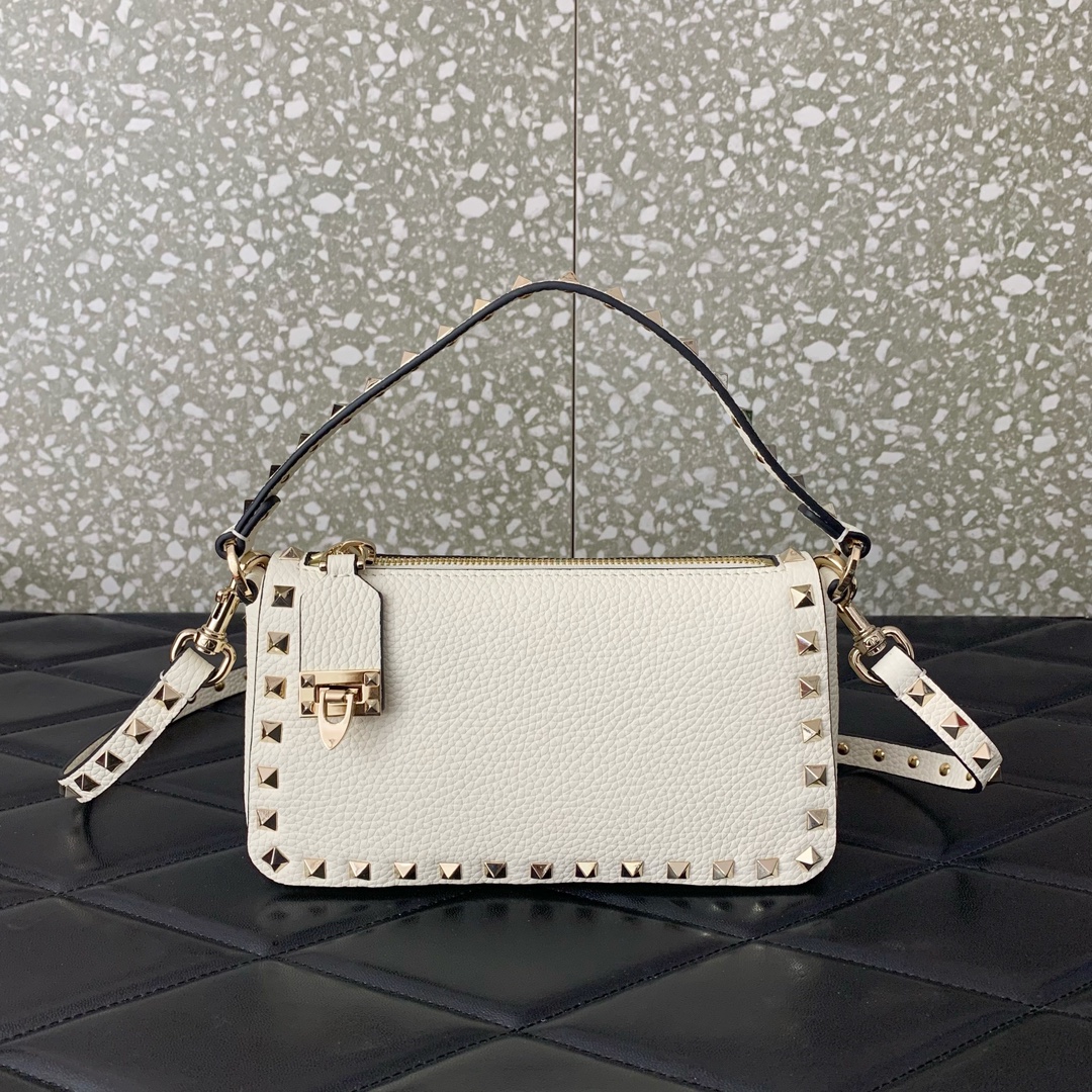 Bagsaaa Va1e*ntin0 Garavani Small Rockstud Grainy Calfskin Crossbody Bag White - 19x13x7cm