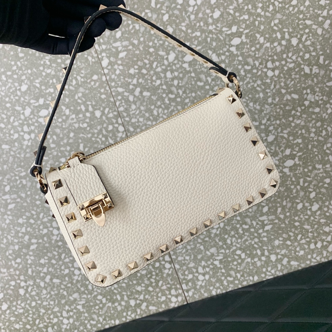 Bagsaaa Va1e*ntin0 Garavani Small Rockstud Grainy Calfskin Crossbody Bag White - 19x13x7cm
