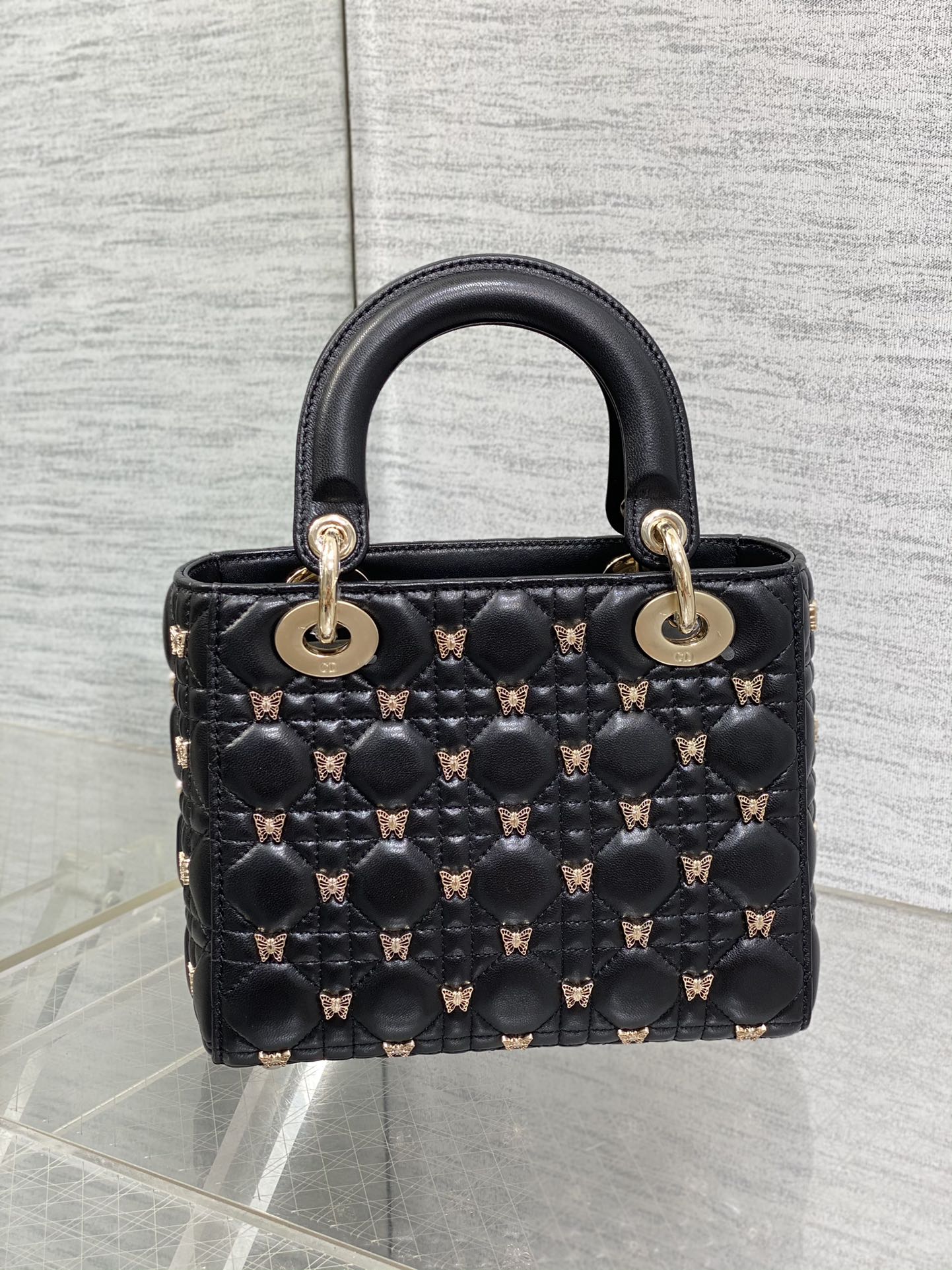 Bagsaaa D10r Small Lady Black Cannage Lambskin with Gold-Finish Butterfly Studs - 20 x 17 x 8 cm