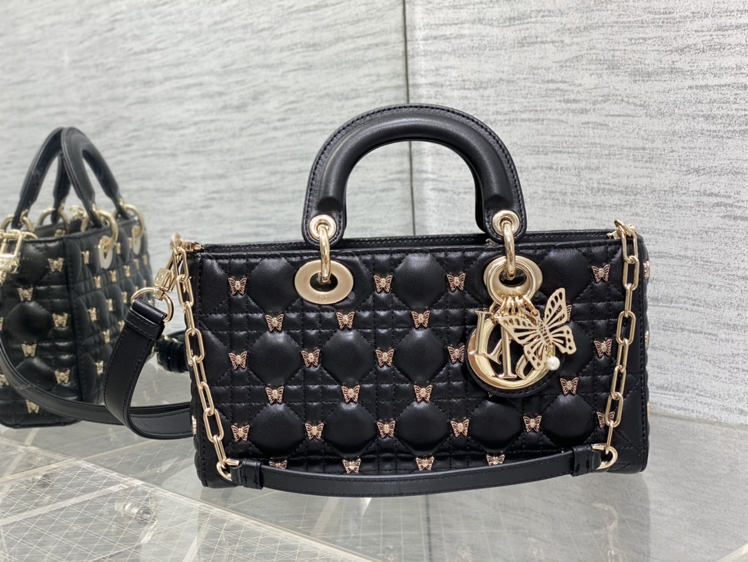 Bagsaaa D10r Medium Lady D-Joy Black Cannage Lambskin with Gold-Finish Butterfly Studs - 26 x 13.5 x 5 cm 