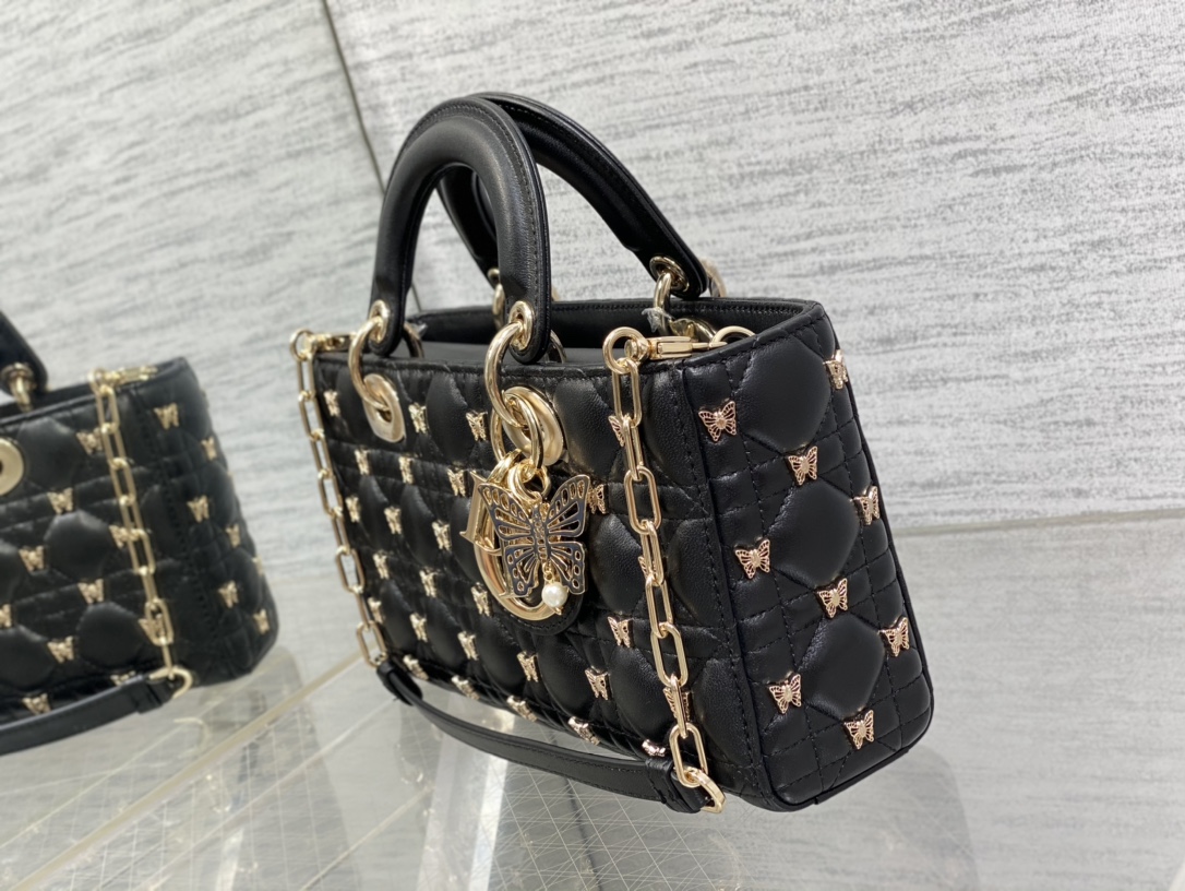 Bagsaaa D10r Medium Lady D-Joy Black Cannage Lambskin with Gold-Finish Butterfly Studs - 26 x 13.5 x 5 cm