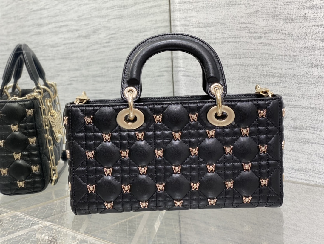 Bagsaaa D10r Medium Lady D-Joy Black Cannage Lambskin with Gold-Finish Butterfly Studs - 26 x 13.5 x 5 cm