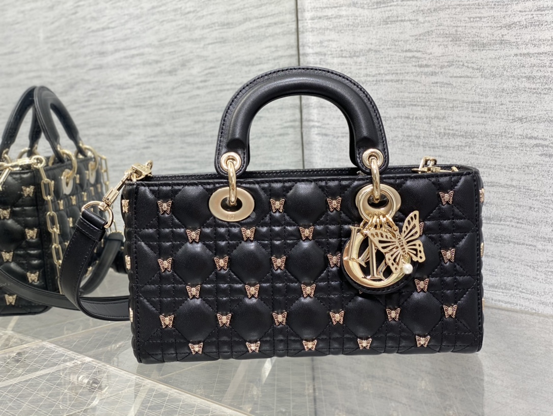 Bagsaaa D10r Medium Lady D-Joy Black Cannage Lambskin with Gold-Finish Butterfly Studs - 26 x 13.5 x 5 cm