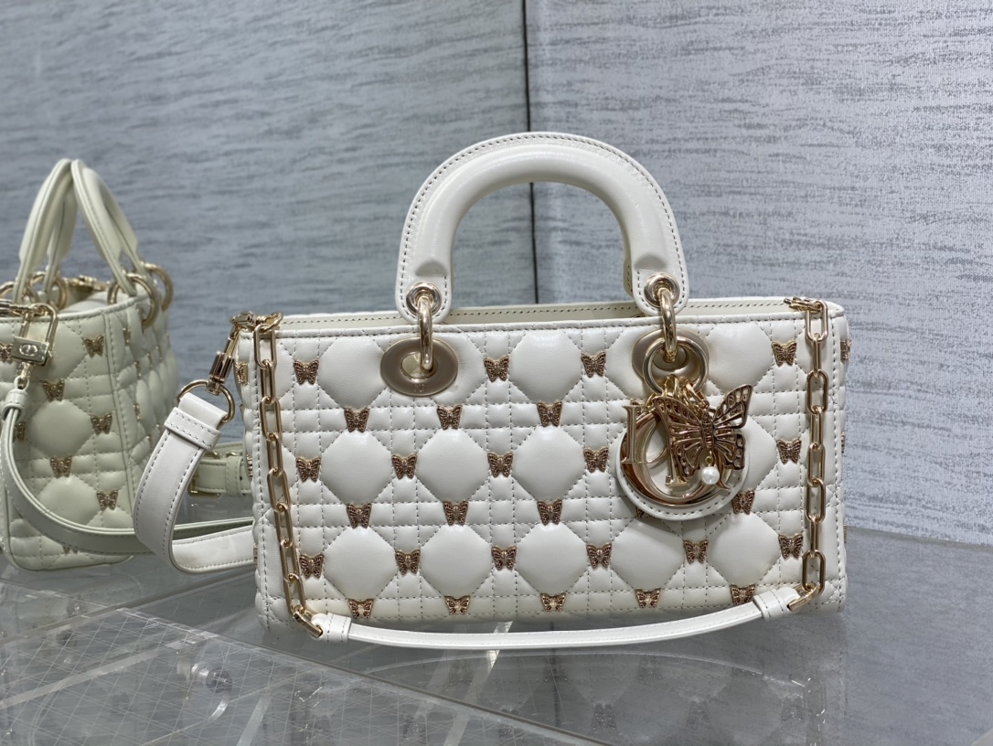 Bagsaaa D10r Medium Lady D-Joy White Cannage Lambskin with Gold-Finish Butterfly Studs - 26 x 13.5 x 5 cm