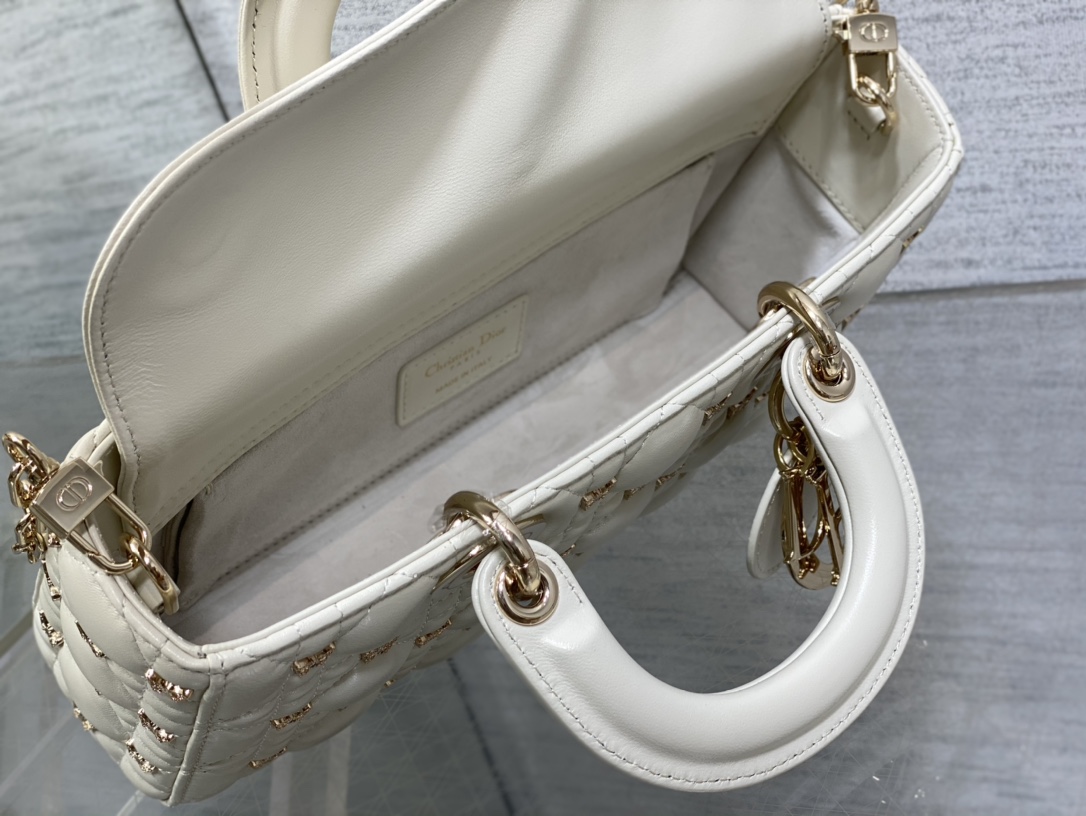 Bagsaaa D10r Medium Lady D-Joy White Cannage Lambskin with Gold-Finish Butterfly Studs - 26 x 13.5 x 5 cm
