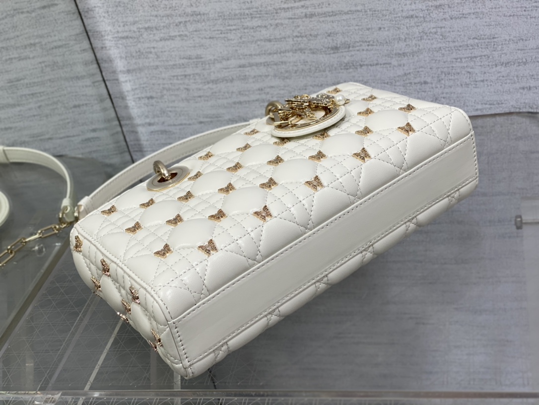 Bagsaaa D10r Medium Lady D-Joy White Cannage Lambskin with Gold-Finish Butterfly Studs - 26 x 13.5 x 5 cm