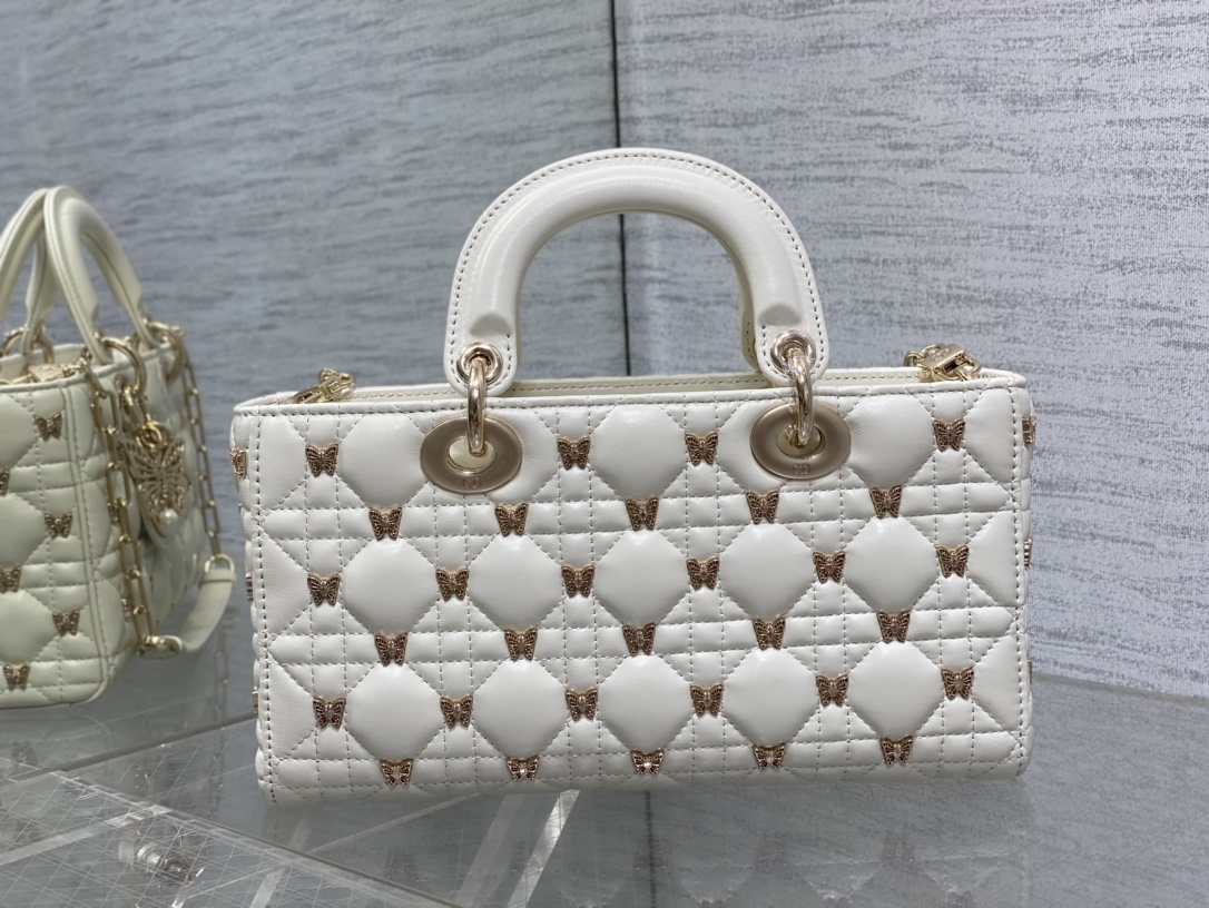 Bagsaaa D10r Medium Lady D-Joy White Cannage Lambskin with Gold-Finish Butterfly Studs - 26 x 13.5 x 5 cm