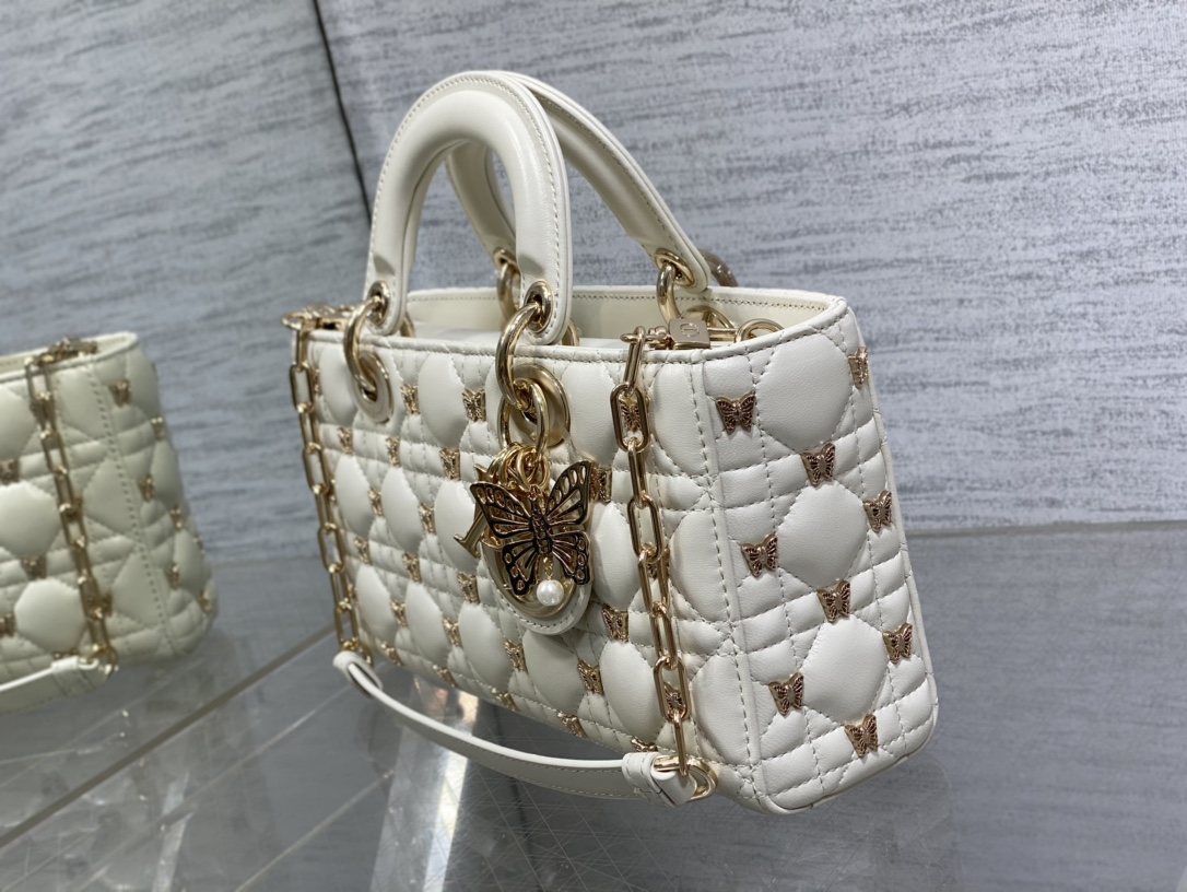 Bagsaaa D10r Medium Lady D-Joy White Cannage Lambskin with Gold-Finish Butterfly Studs - 26 x 13.5 x 5 cm