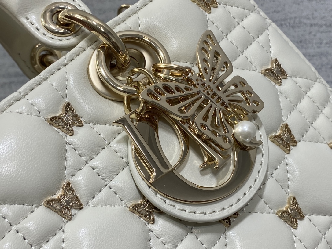 Bagsaaa D10r Medium Lady D-Joy White Cannage Lambskin with Gold-Finish Butterfly Studs - 26 x 13.5 x 5 cm