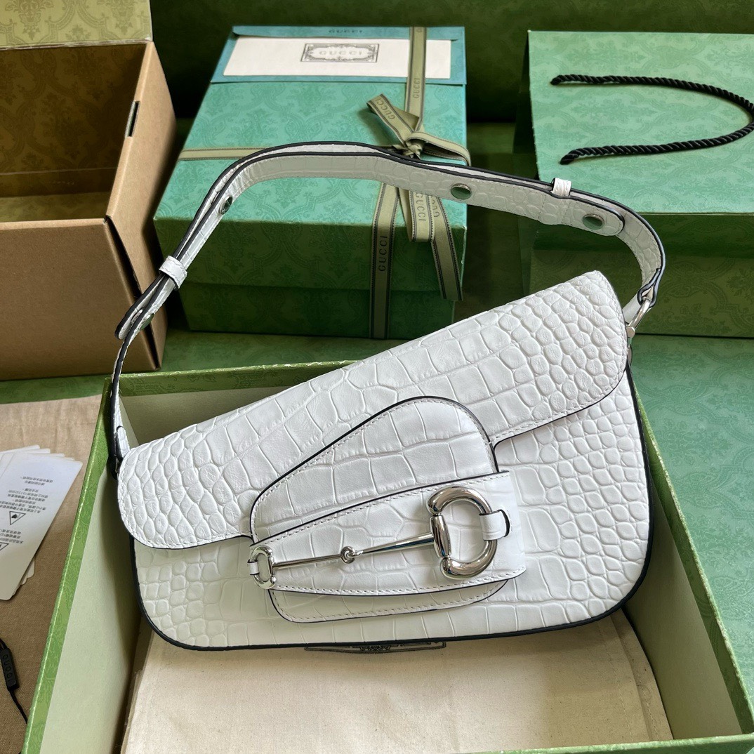 Bagsaaa Gvc*1 Horsebit 1955 Small Shoulder Bag White Crocodile Leather - 26.5x 10.5-17x 4-8cm