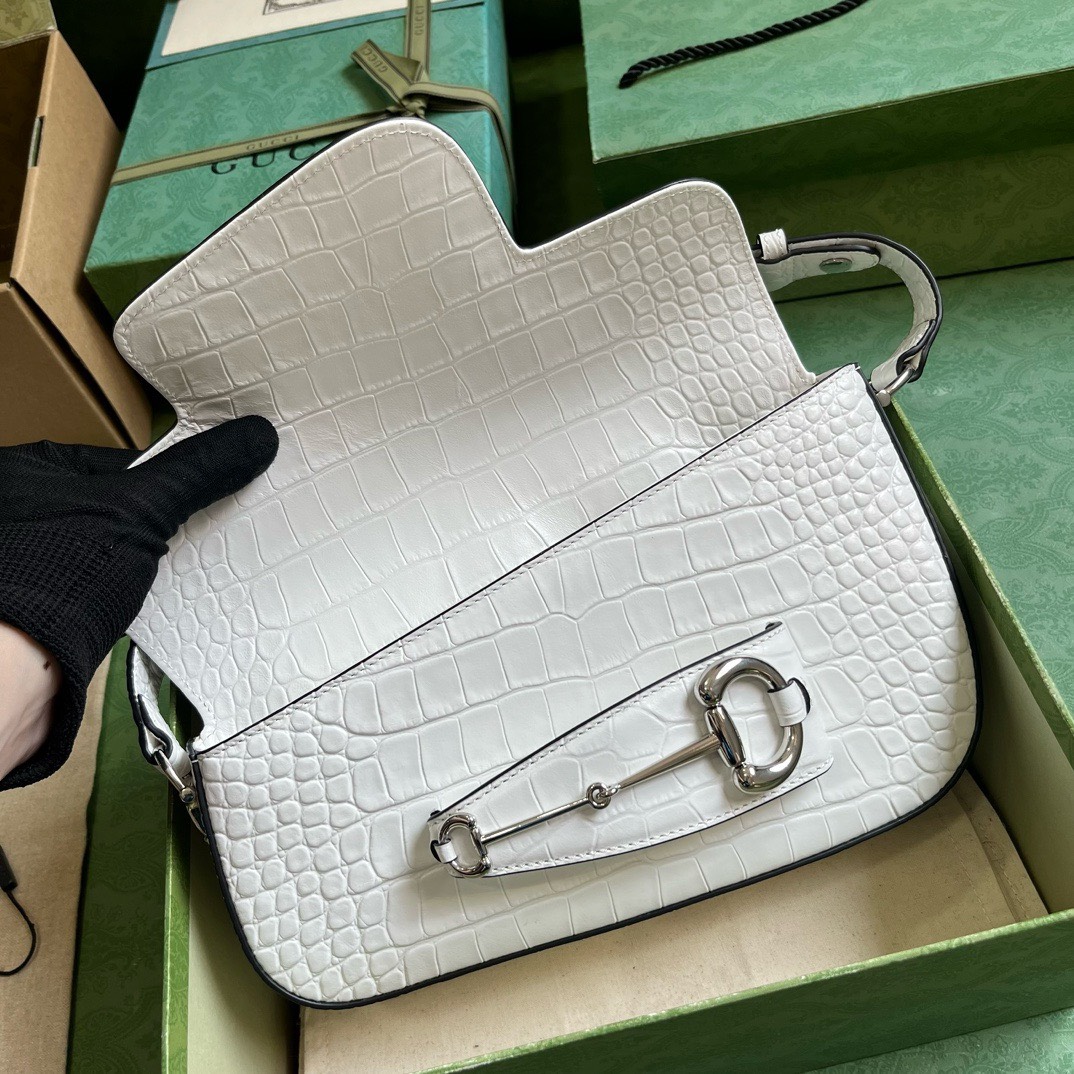 Bagsaaa Gvc*1 Horsebit 1955 Small Shoulder Bag White Crocodile Leather - 26.5x 10.5-17x 4-8cm
