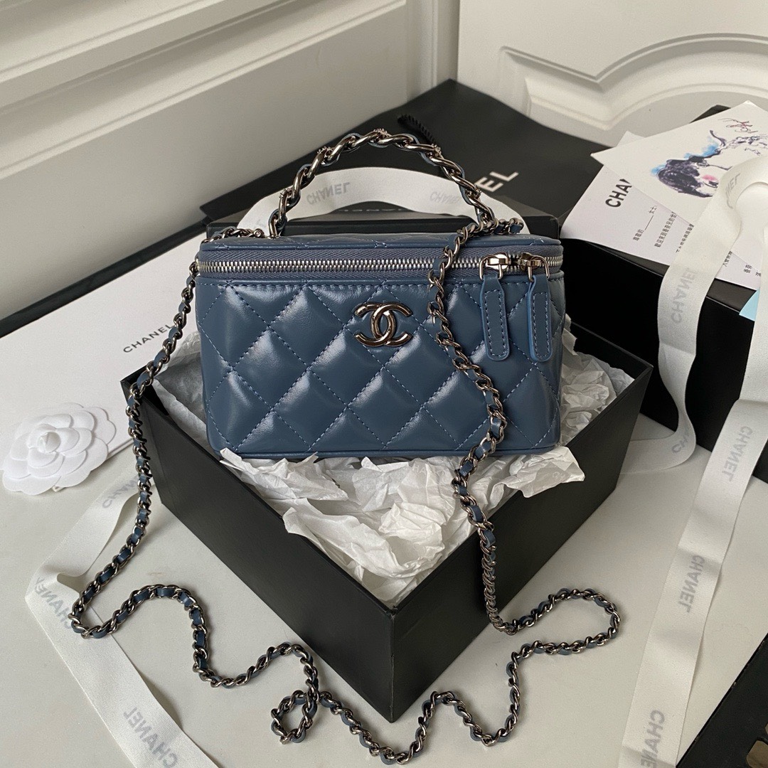 Bagsaaa Ch**el Vaniny Cosmestic Blue Top Handle Bag - 17x9.5x8cm