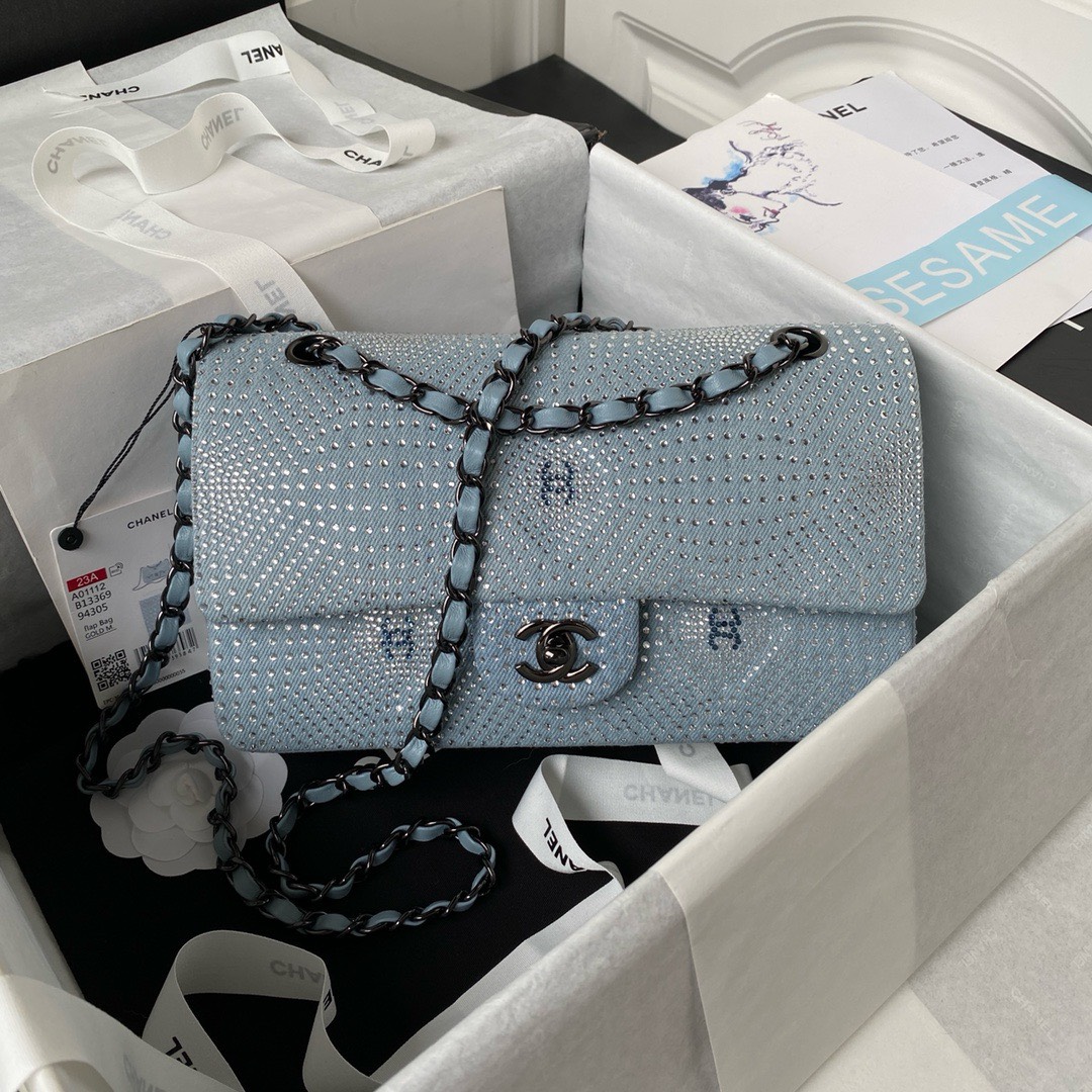 Bagsaaa Ch**el Denim, Rhinestones & silver metal Blue & silver - 25cm