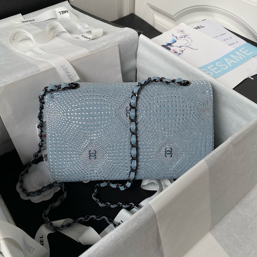 Bagsaaa Ch**el Denim, Rhinestones & silver metal Blue & silver - 25cm
