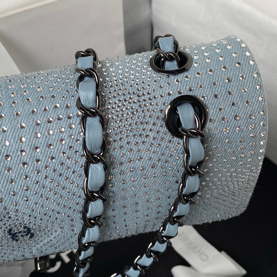 Bagsaaa Ch**el Denim, Rhinestones & silver metal Blue & silver - 25cm