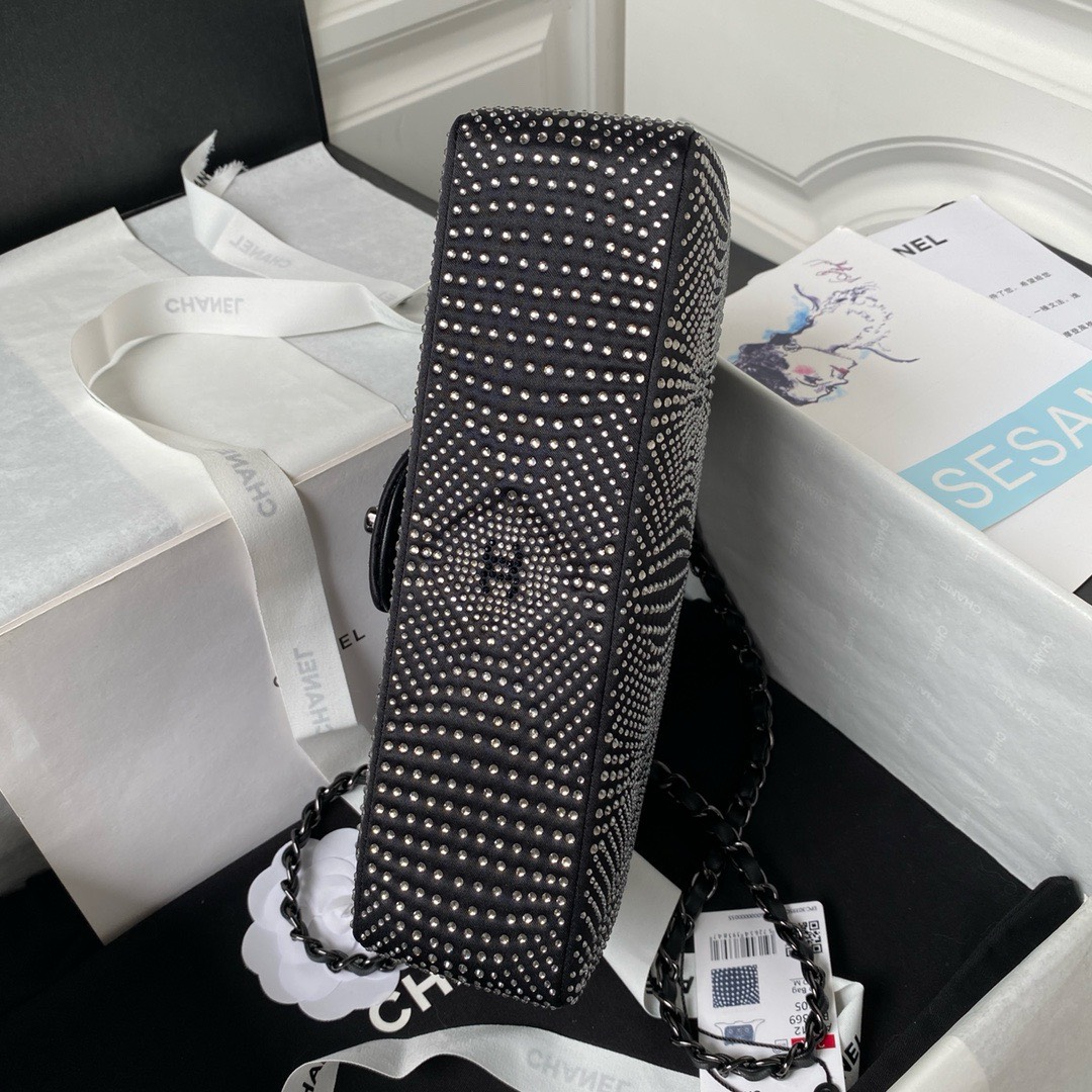 Bagsaaa Ch**el Denim, Rhinestones & silver metal Black & silver - 25cm