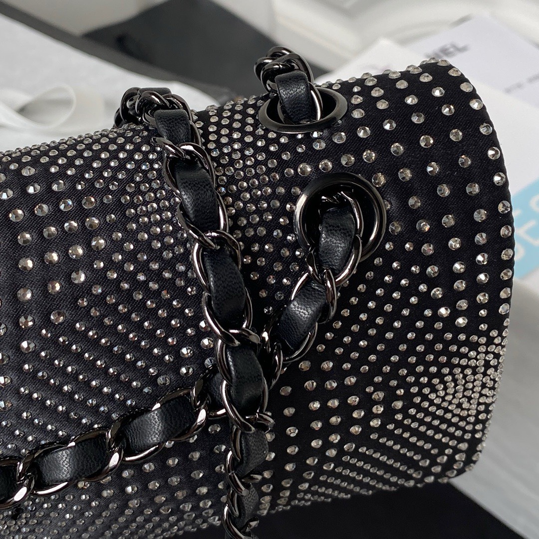 Bagsaaa Ch**el Denim, Rhinestones & silver metal Black & silver - 25cm