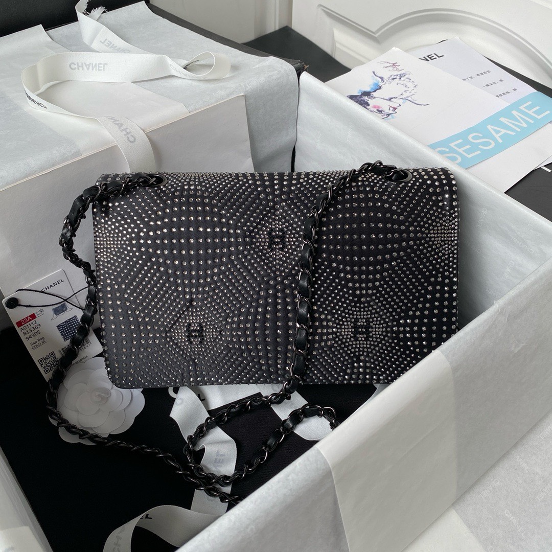 Bagsaaa Ch**el Denim, Rhinestones & silver metal Black & silver - 25cm