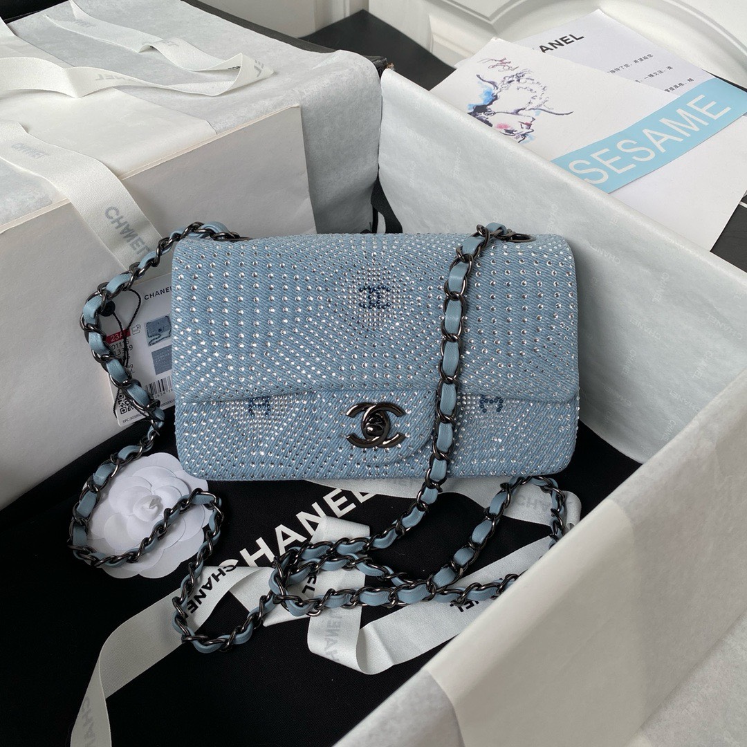 Bagsaaa Ch**el Denim, Rhinestones & silver metal Blue & silver - 20cm