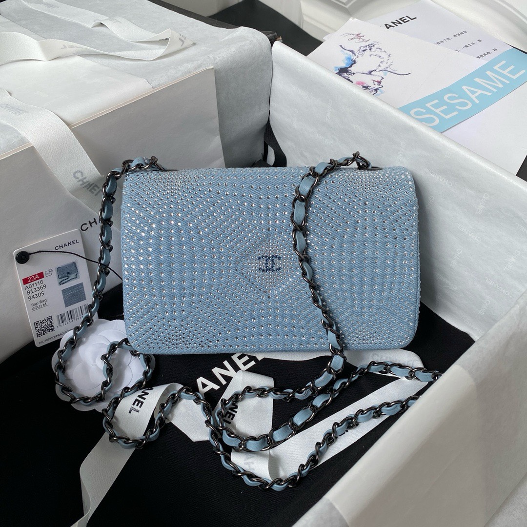 Bagsaaa Ch**el Denim, Rhinestones & silver metal Blue & silver - 20cm