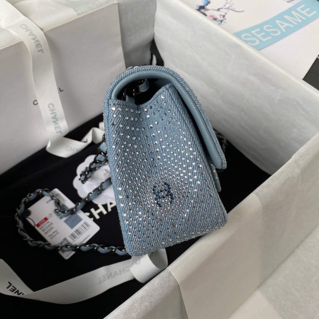 Bagsaaa Ch**el Denim, Rhinestones & silver metal Blue & silver - 20cm