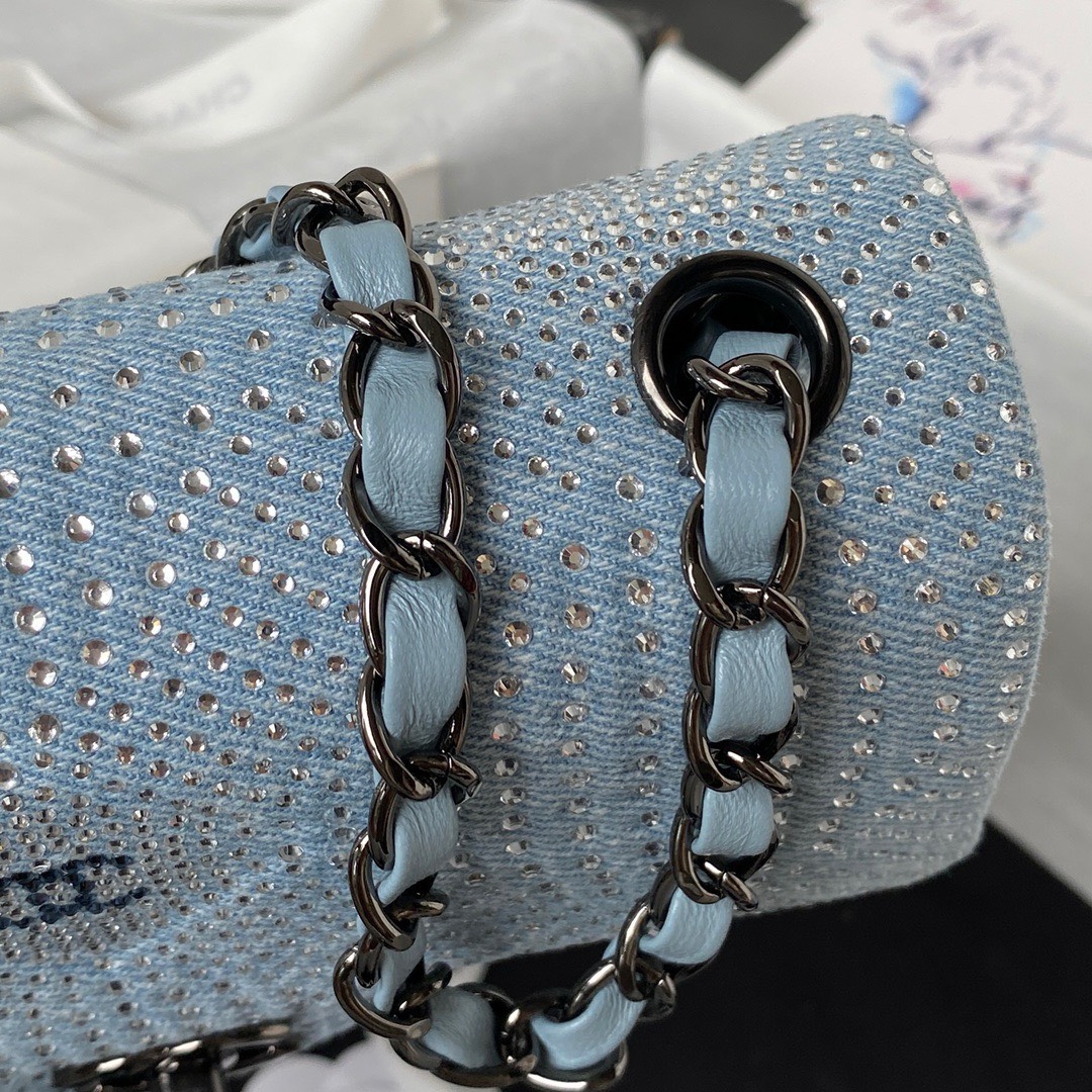 Bagsaaa Ch**el Denim, Rhinestones & silver metal Blue & silver - 20cm