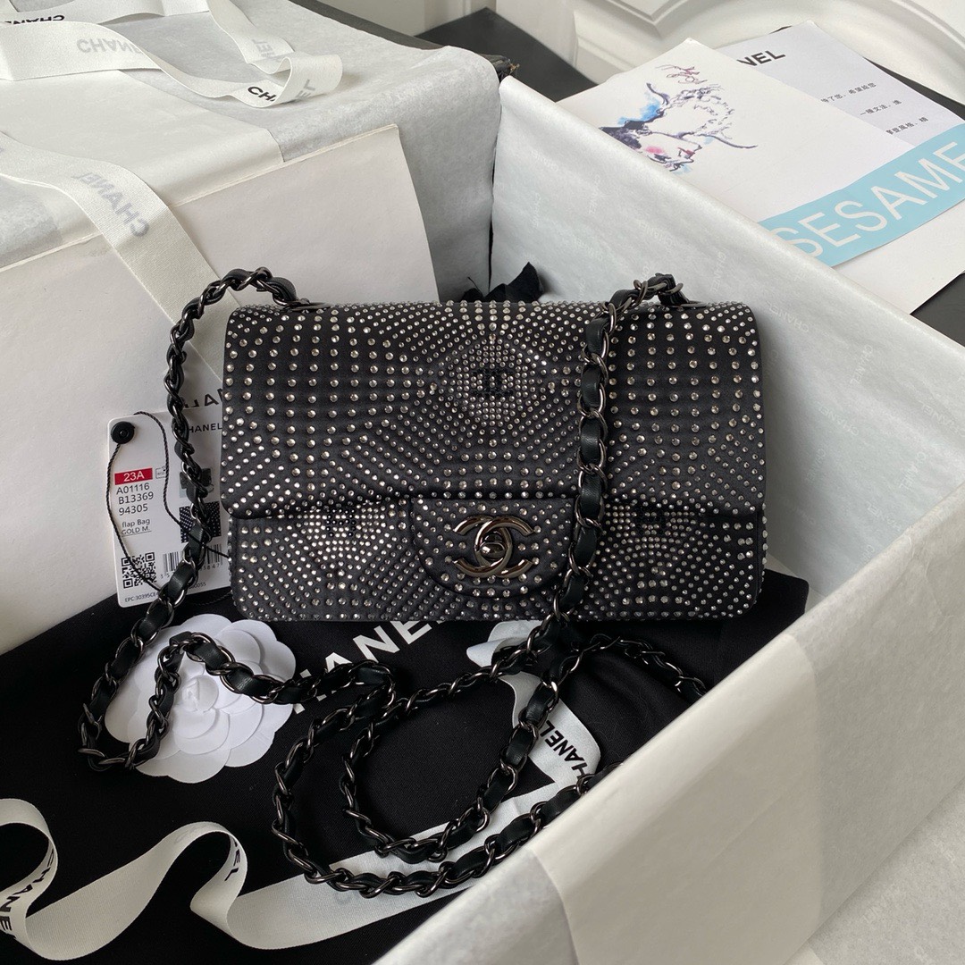 Bagsaaa Ch**el Denim, Rhinestones & silver metal Black & silver - 20cm