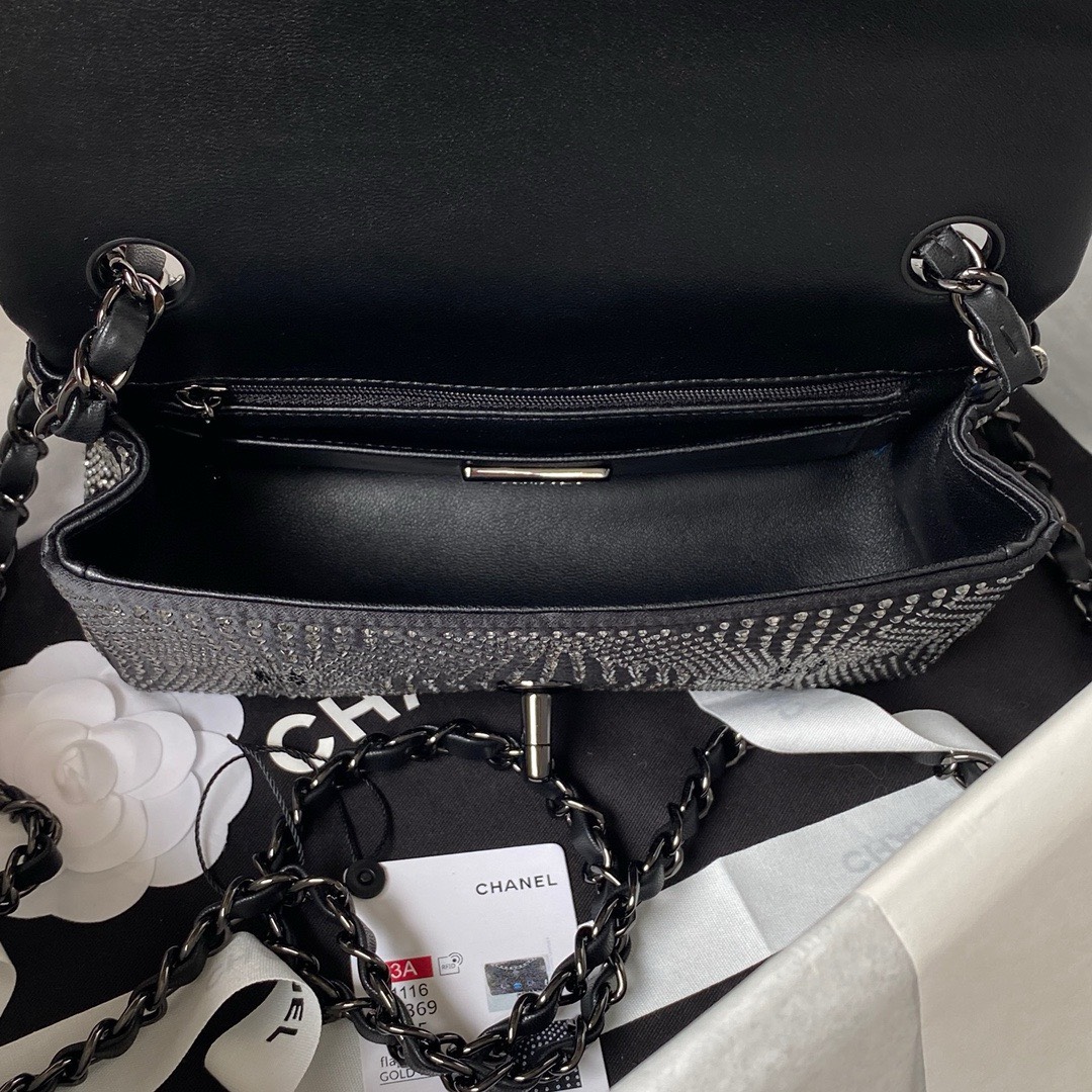 Bagsaaa Ch**el Denim, Rhinestones & silver metal Black & silver - 20cm