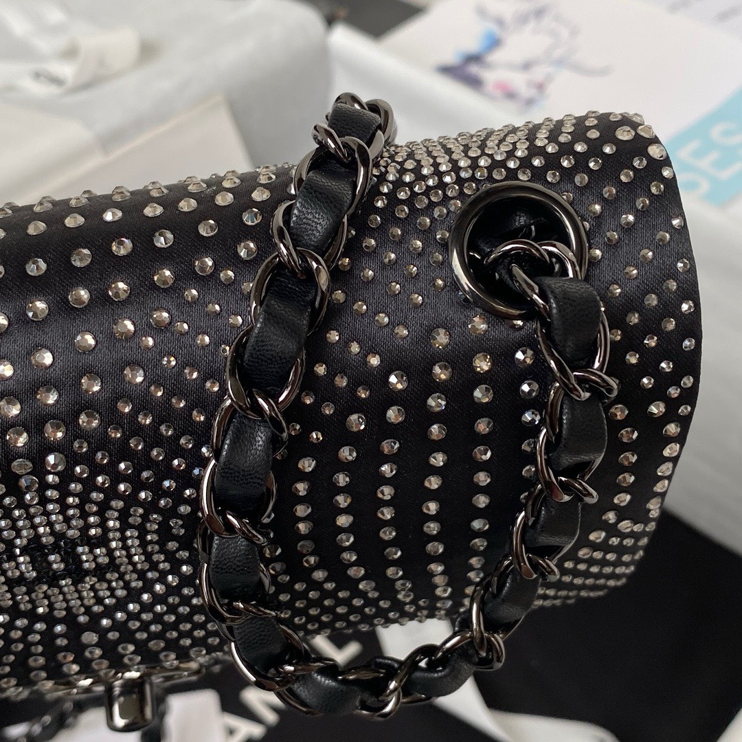 Bagsaaa Ch**el Denim, Rhinestones & silver metal Black & silver - 20cm