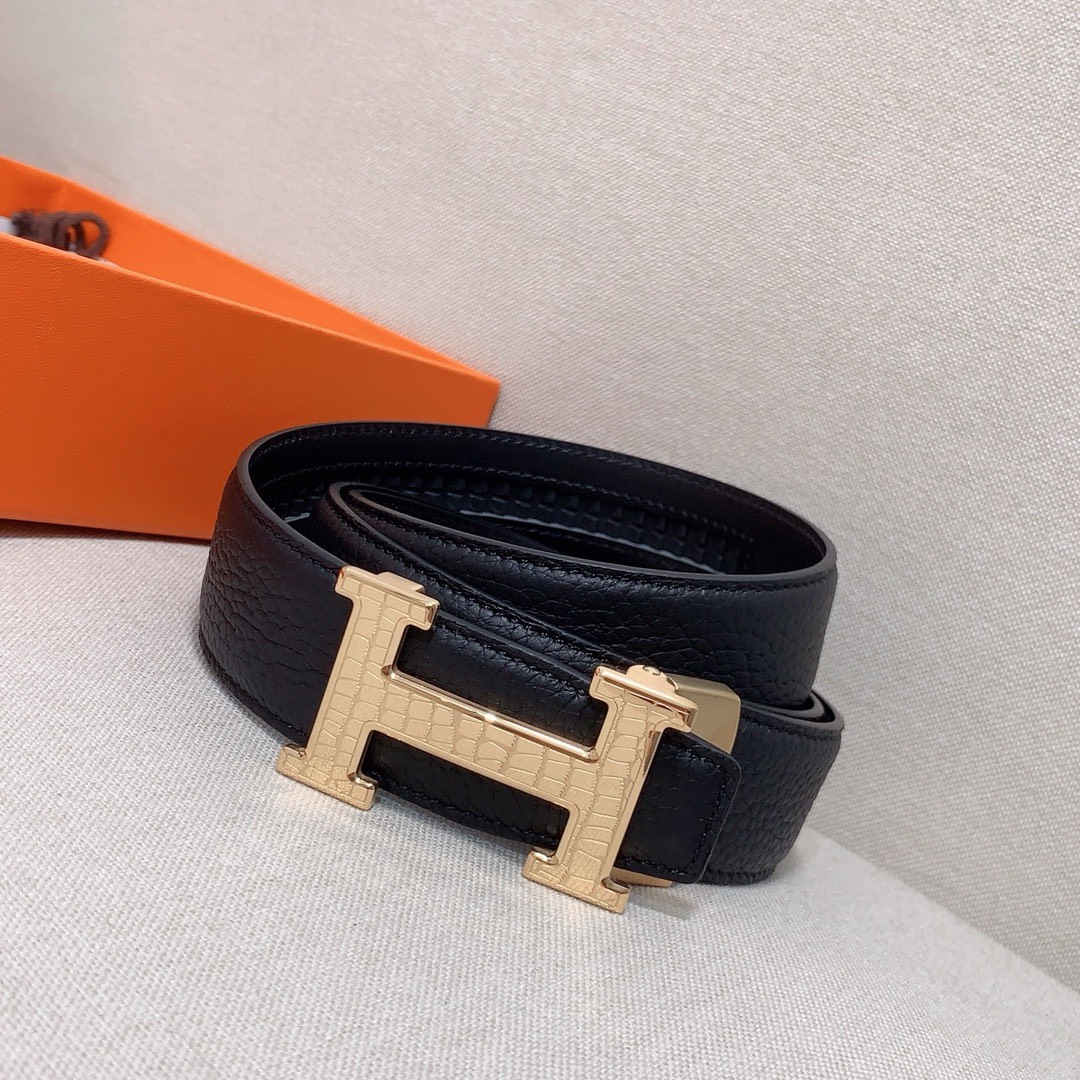 Bagsaaa H**me5 Clemence Black Belt Gold Hardware - 3.5cm