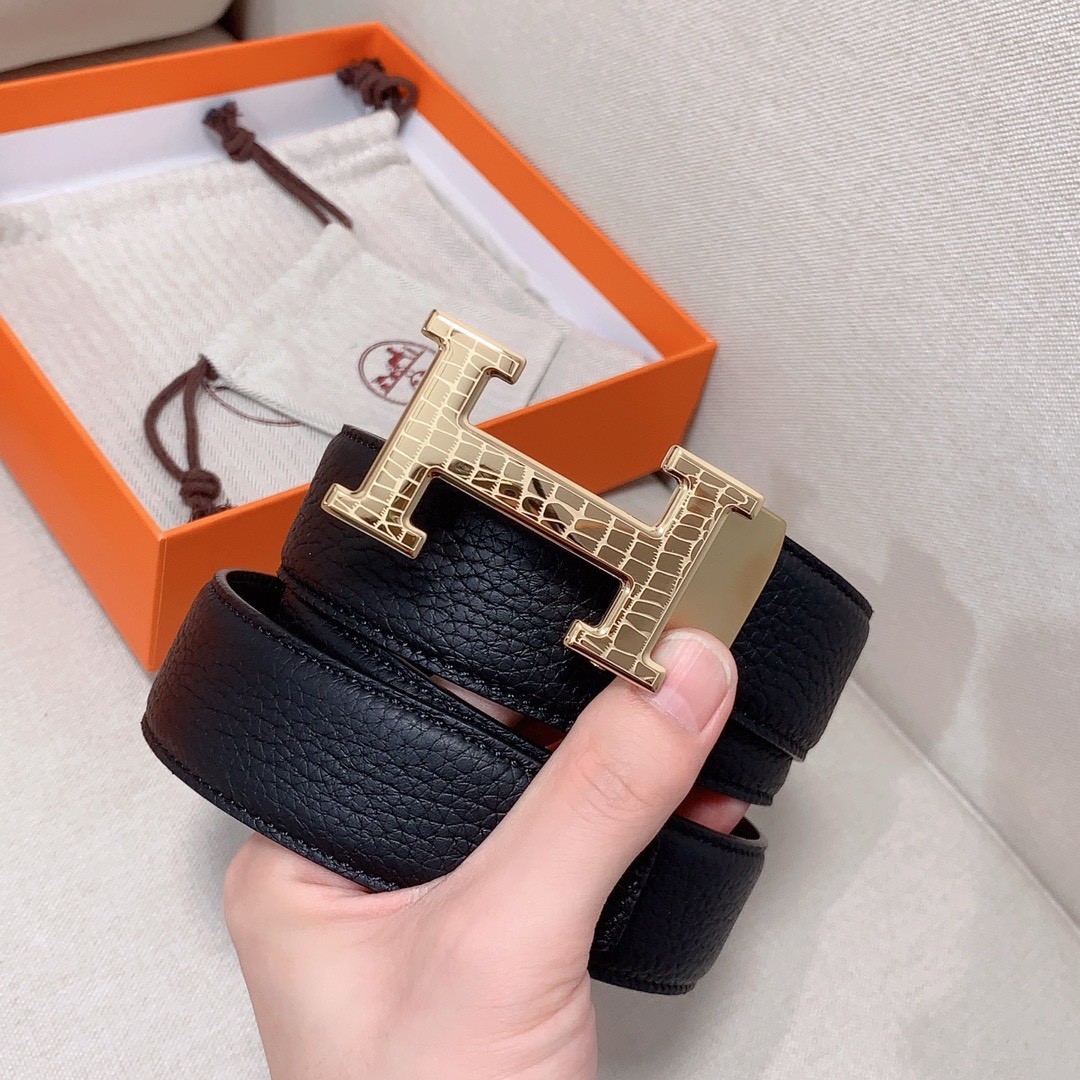 Bagsaaa H**me5 Clemence Black Belt Gold Hardware - 3.5cm