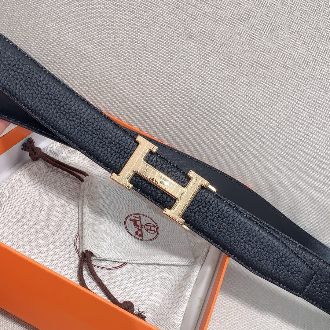Bagsaaa H**me5 Clemence Black Belt Gold Hardware - 3.5cm
