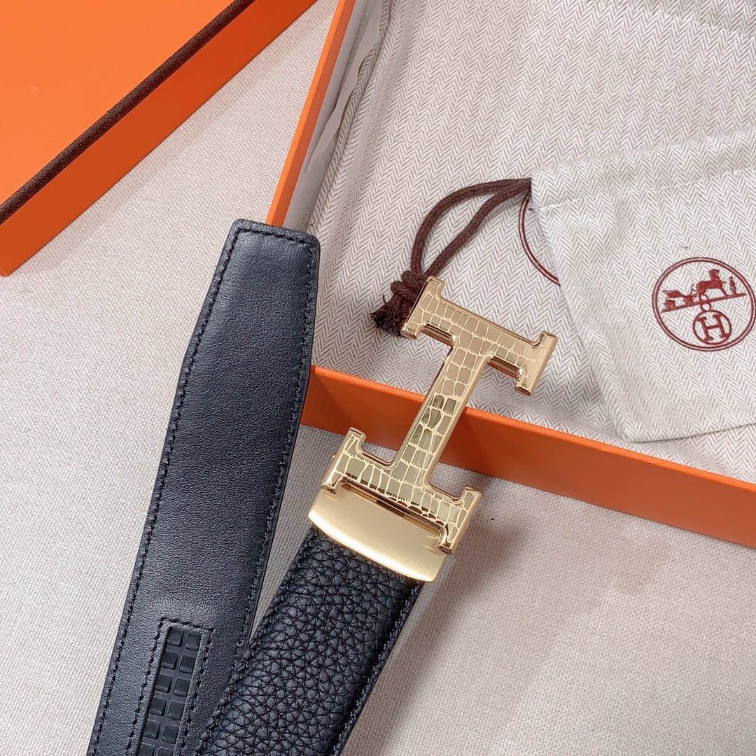 Bagsaaa H**me5 Clemence Black Belt Gold Hardware - 3.5cm