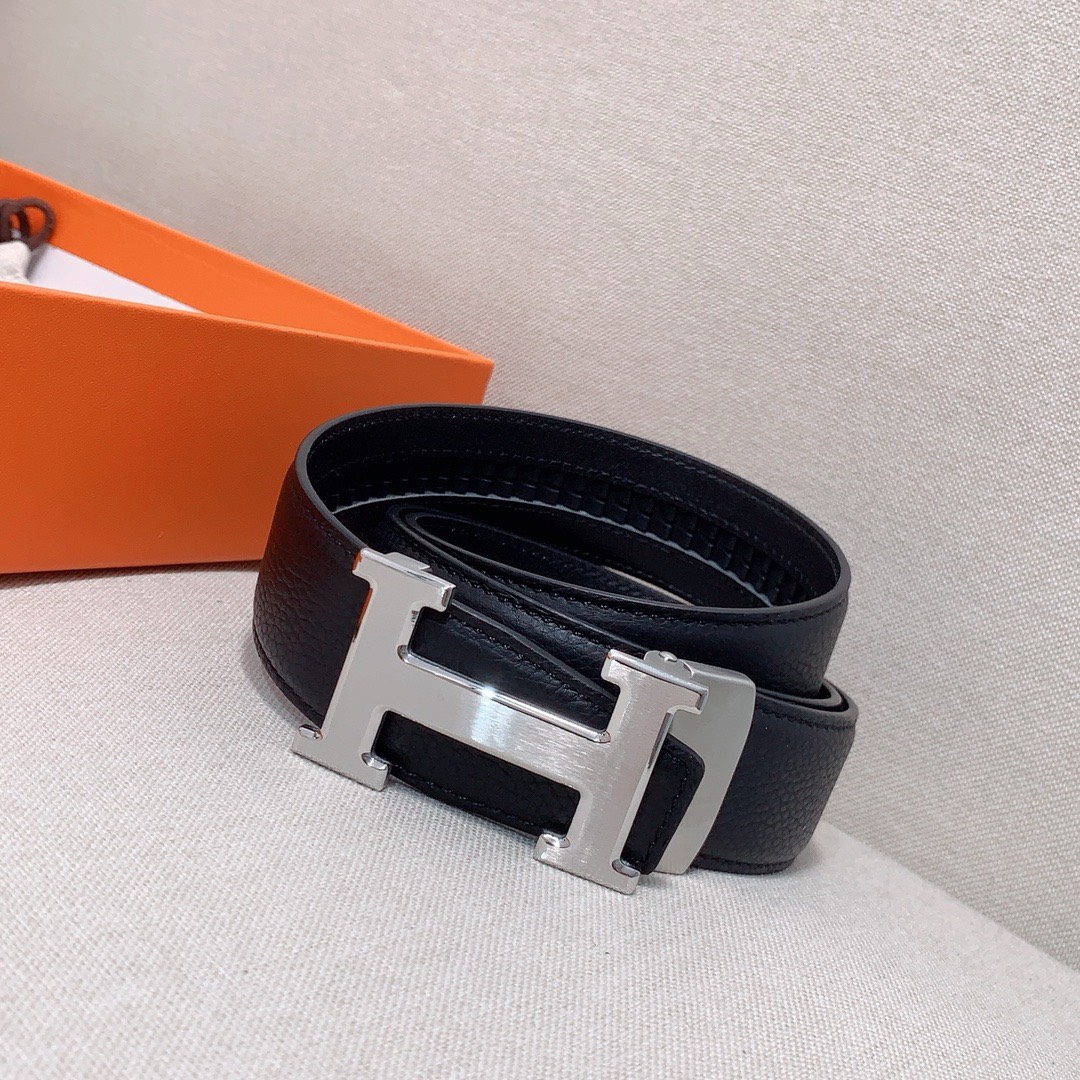Bagsaaa H**me5 Clemence Black Belt Silver Hardware - 3.5cm