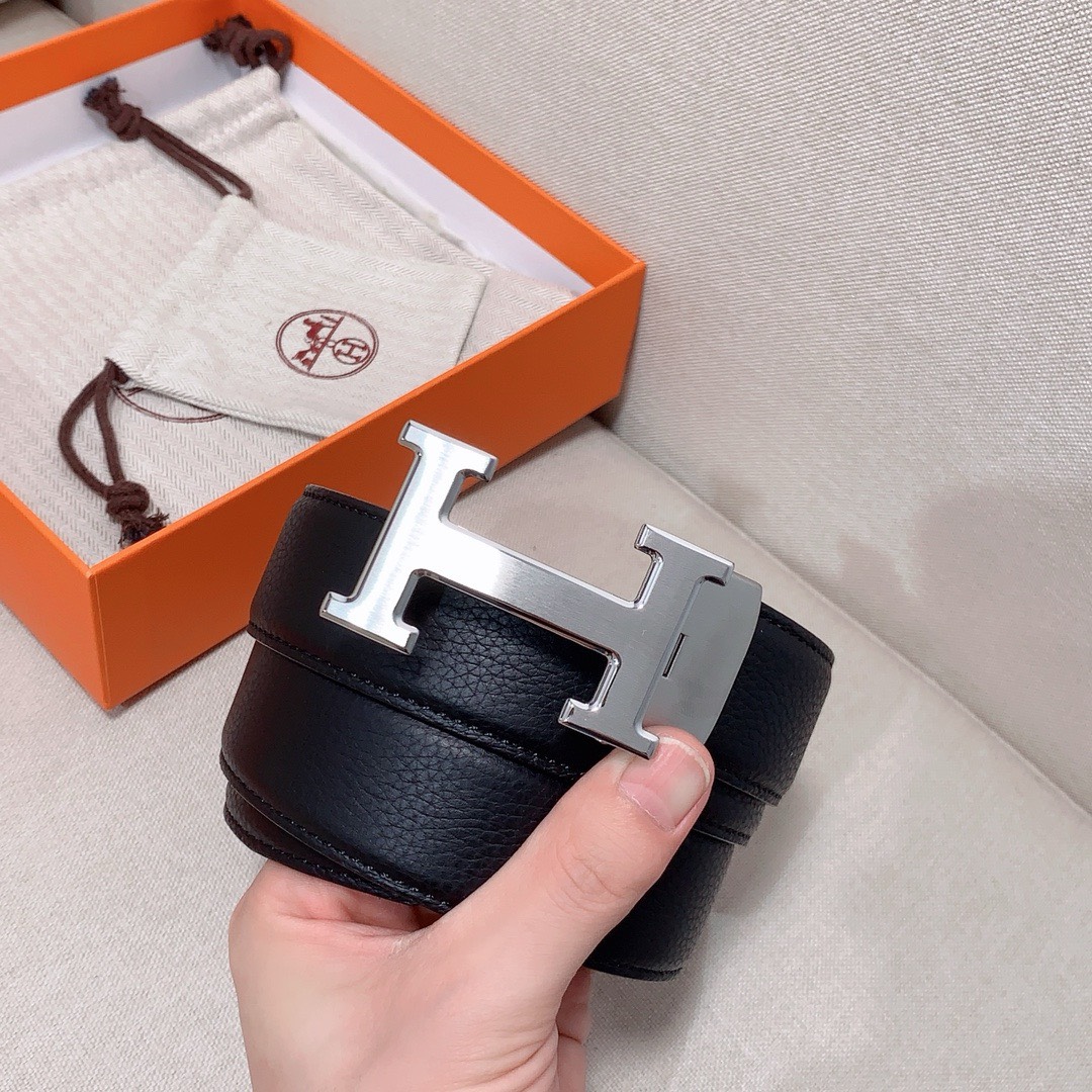 Bagsaaa H**me5 Clemence Black Belt Silver Hardware - 3.5cm
