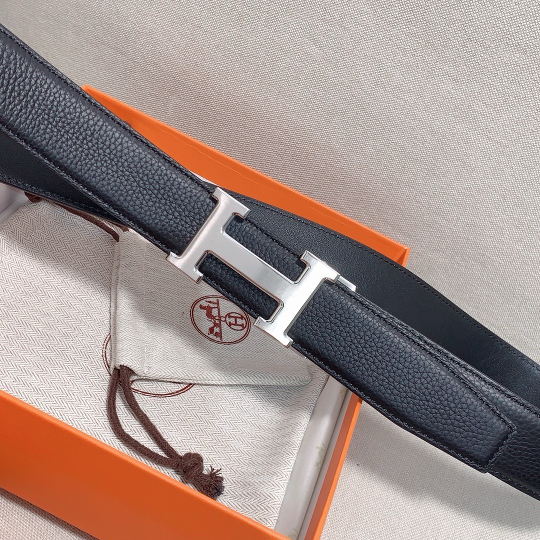 Bagsaaa H**me5 Clemence Black Belt Silver Hardware - 3.5cm