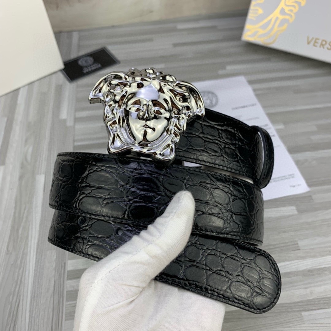 Bagsaaa Versace Black & Silver Croc 'La Medusa' Belt - 3.8cm