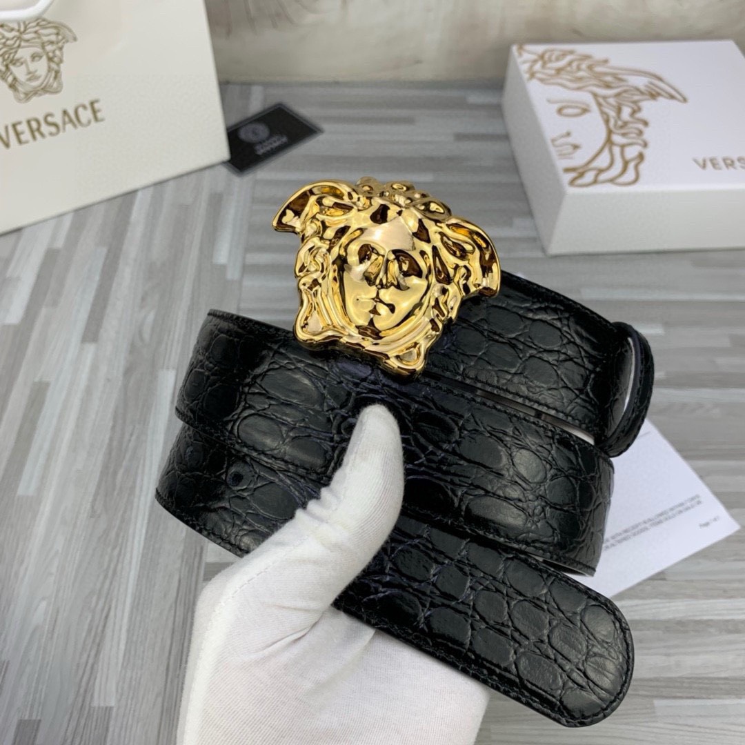 Bagsaaa Versace Black & Gold Croc 'La Medusa' Belt - 3.8cm