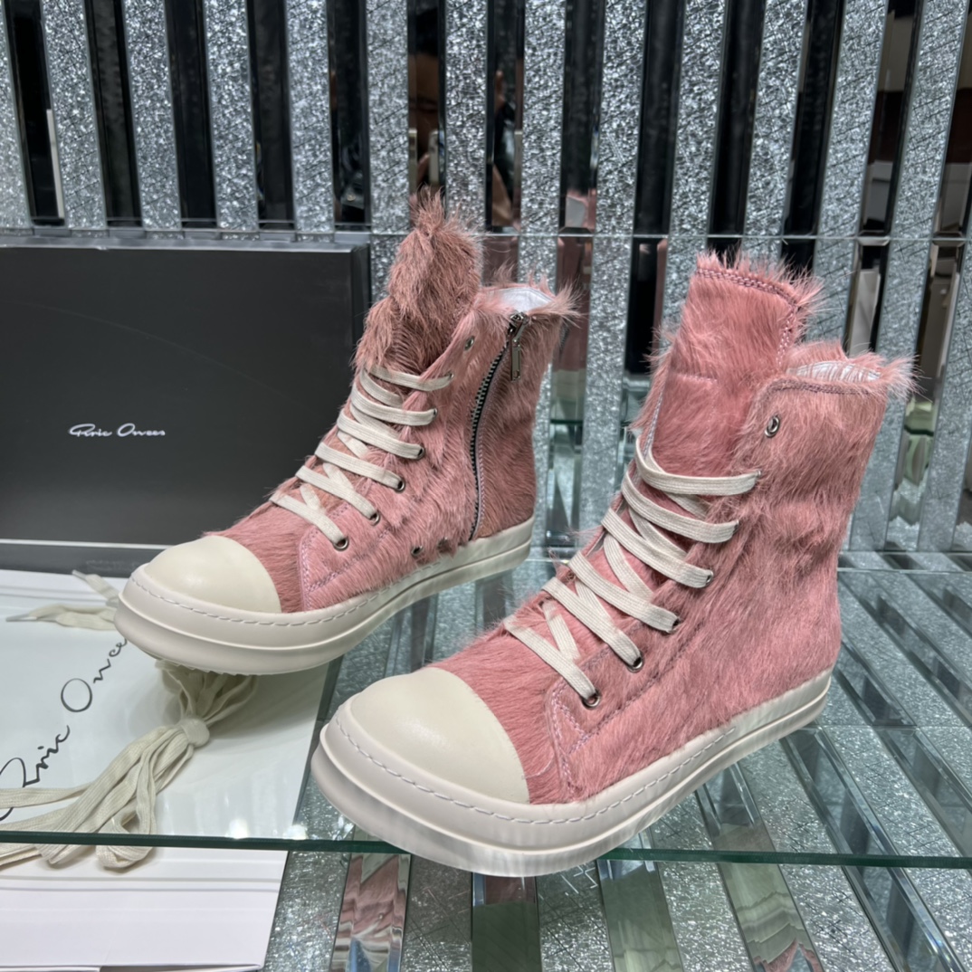 Bagsaaa Rick Owens Pony Hair High-Top Leather Sneakers pink