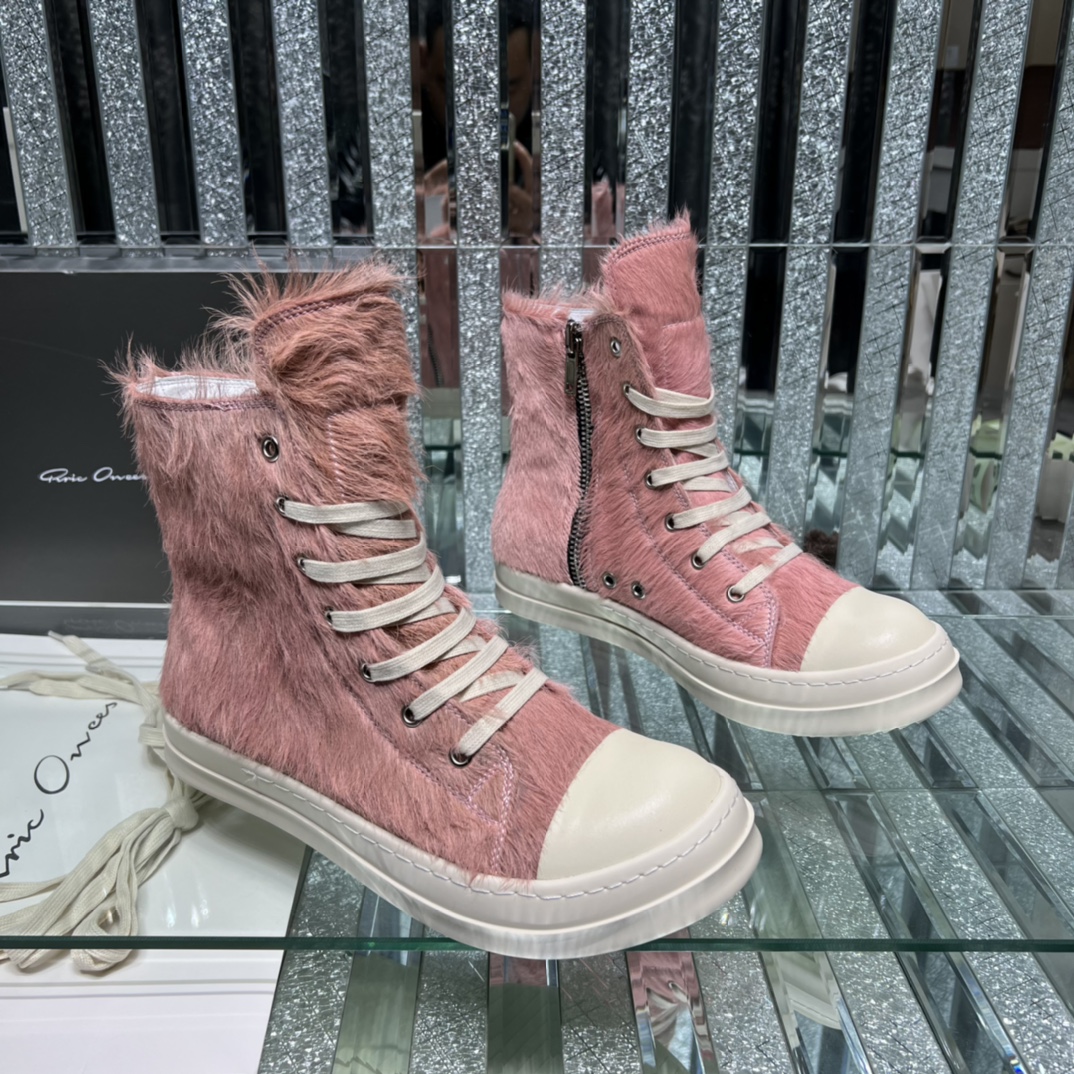 Bagsaaa Rick Owens Pony Hair High-Top Leather Sneakers pink