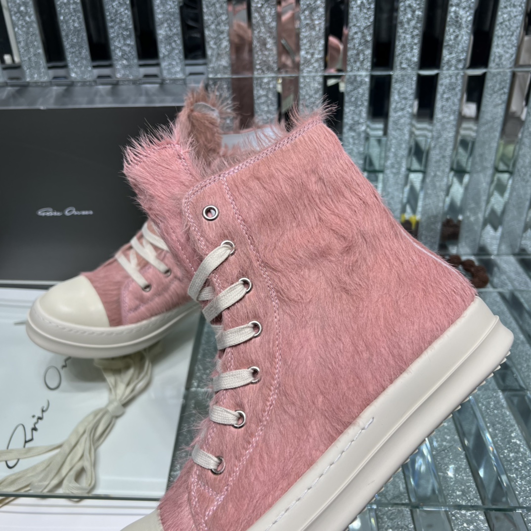 Bagsaaa Rick Owens Pony Hair High-Top Leather Sneakers pink