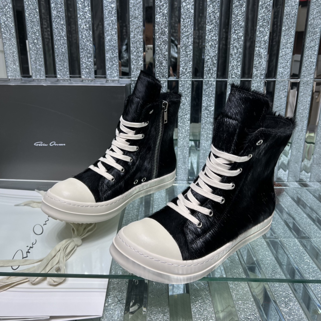 Bagsaaa Rick Owens Pony Hair High-Top Leather Sneakers black
