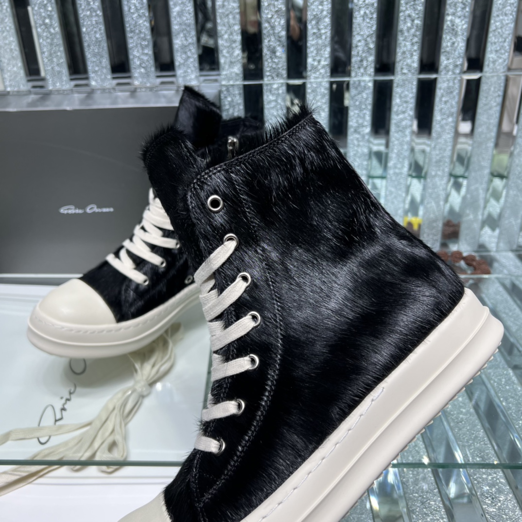 Bagsaaa Rick Owens Pony Hair High-Top Leather Sneakers black